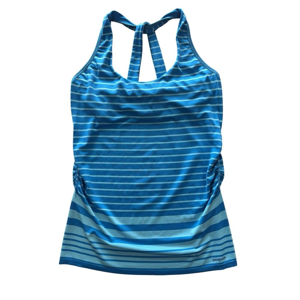 Patagonia Athletic Tank Twist Back Built in Bra Ruched Blue Stripe MED PRISTINE